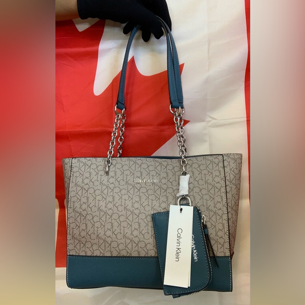 CALVIN KLEIN Blue Brown Khaki  SHOULDER TOTE BAG